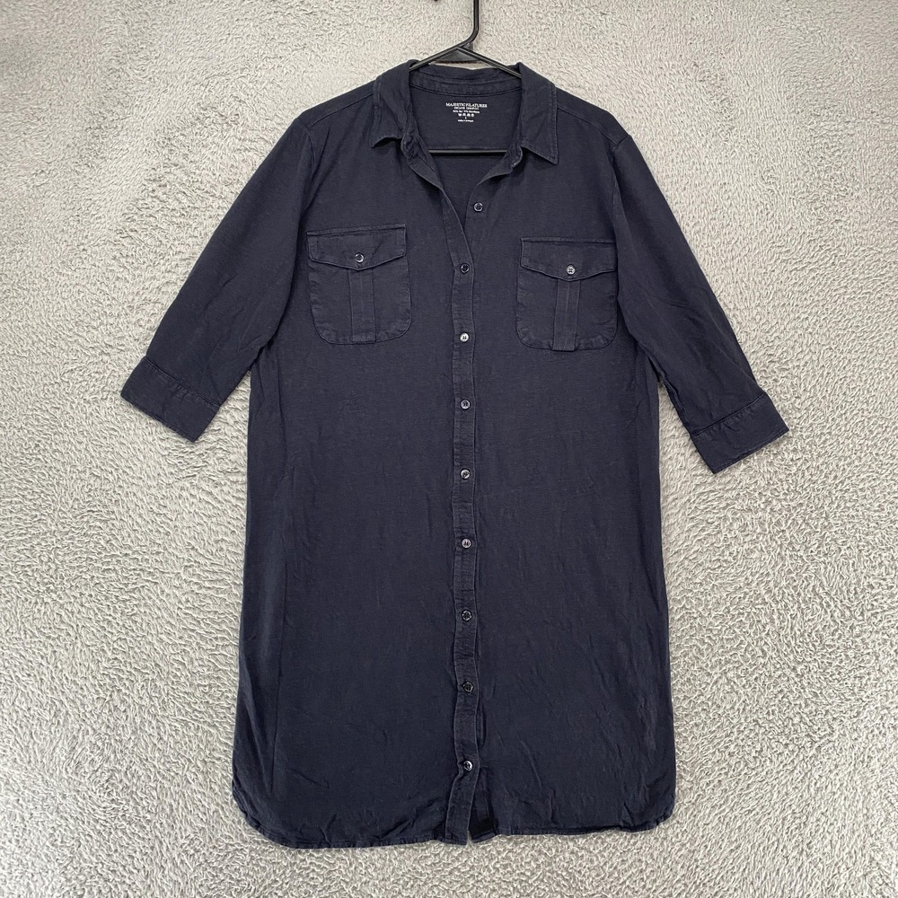 Majestic Filatures Linen Shirt Dress Womens 3/M Blue Linen Button‎ Front Capsule